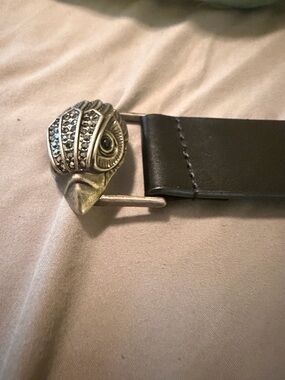 Kurt Geiger Black Leather Belt with Silver Owl Buckle